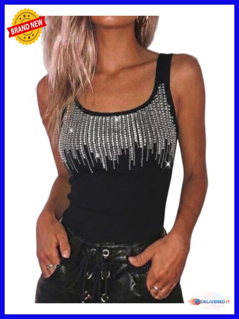 Sparkly Rhinestone Fringe Tank Top Sleeveless U Neck Backless Fitted Night Out